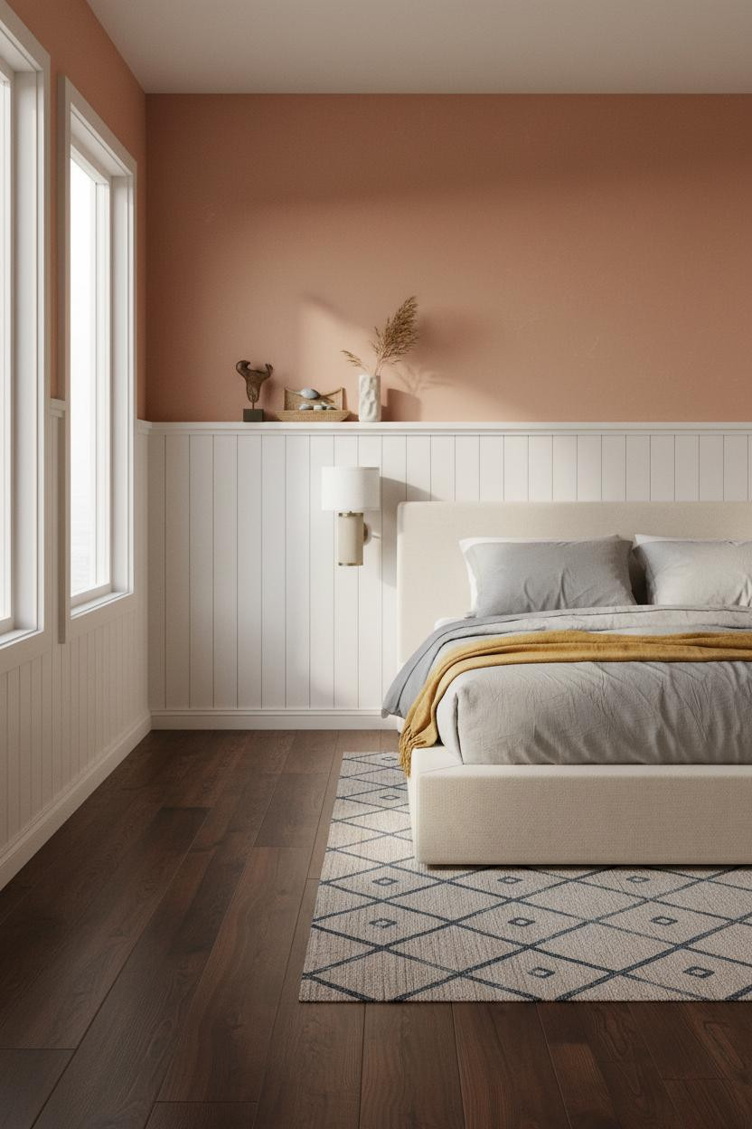 Coastal Bedroom Wainscoting Terracotta Walls