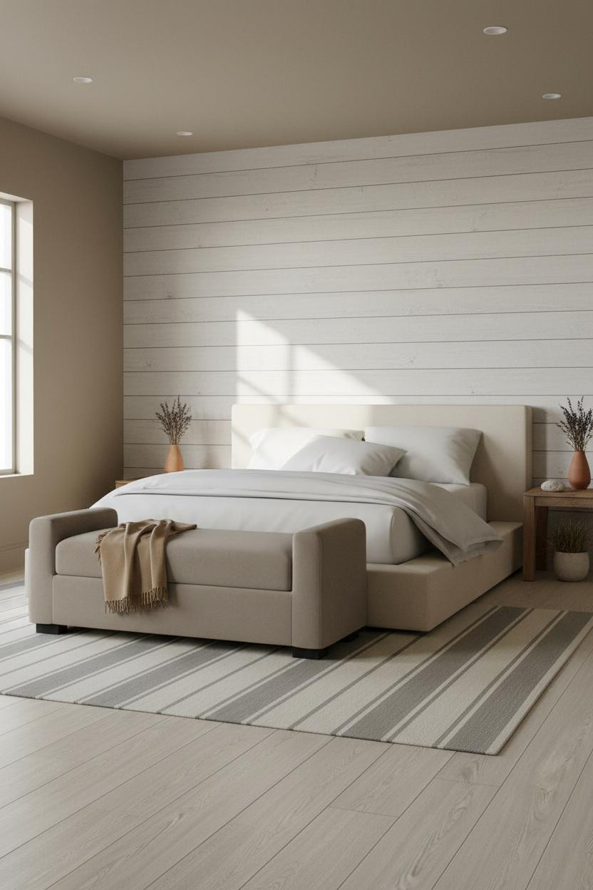 Coastal Bedroom Whitewashed Shiplap Natural Light