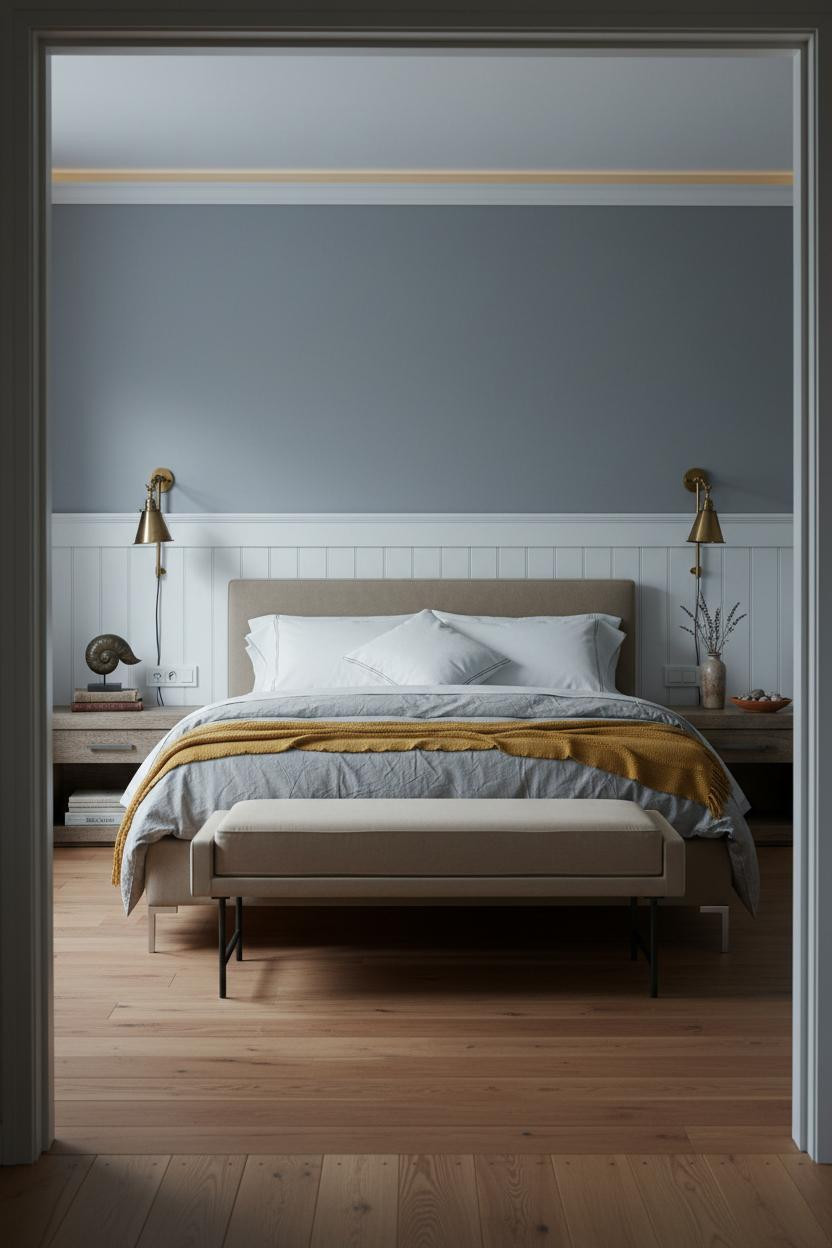 Coastal Granddaughter Bedroom Wainscoting Brass Sconces