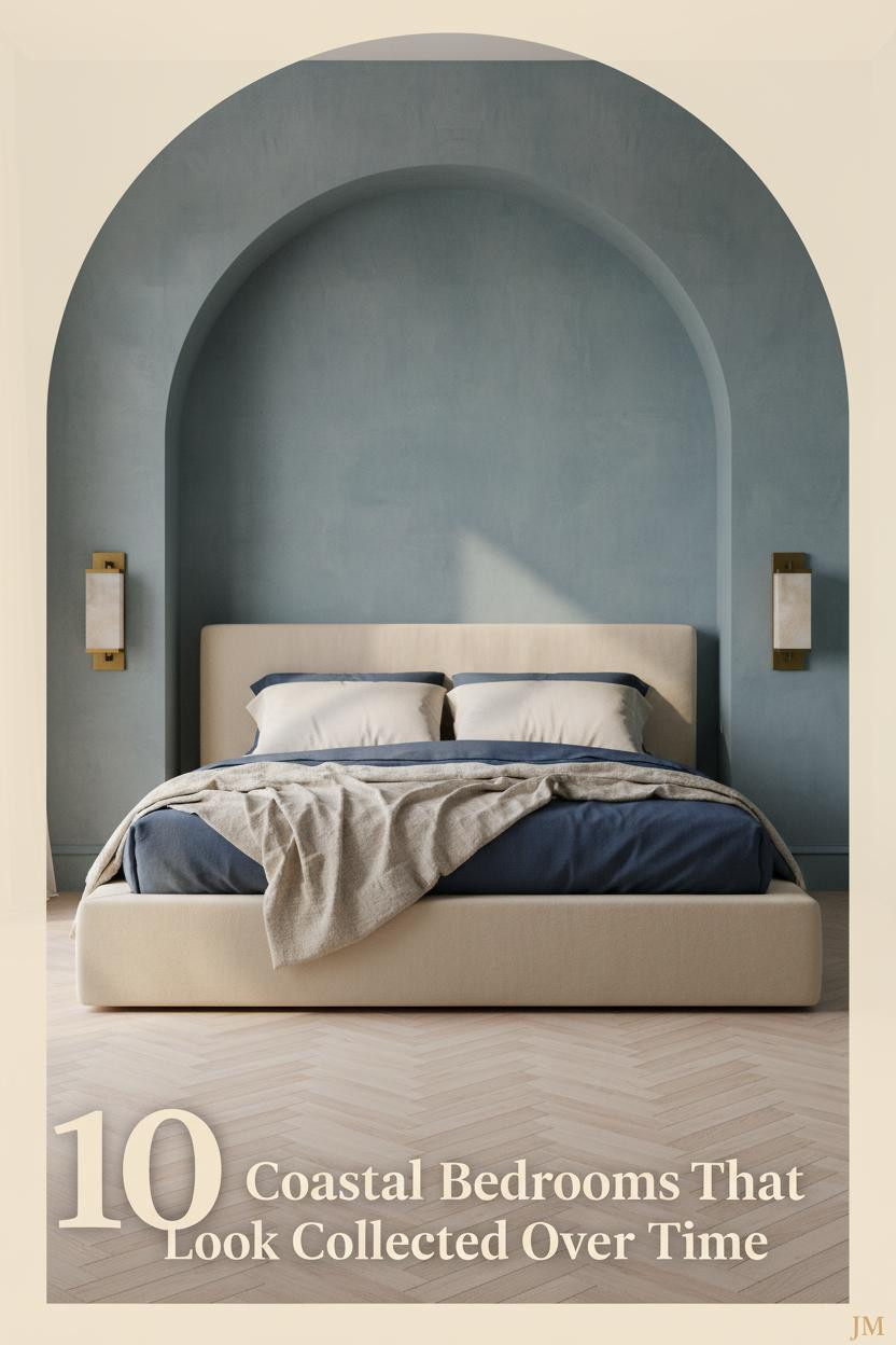 Coastal granddaughter bedroom with sand-washed blue limewash walls, cream and indigo linen bedding, brass sconce, and sheer linen curtains