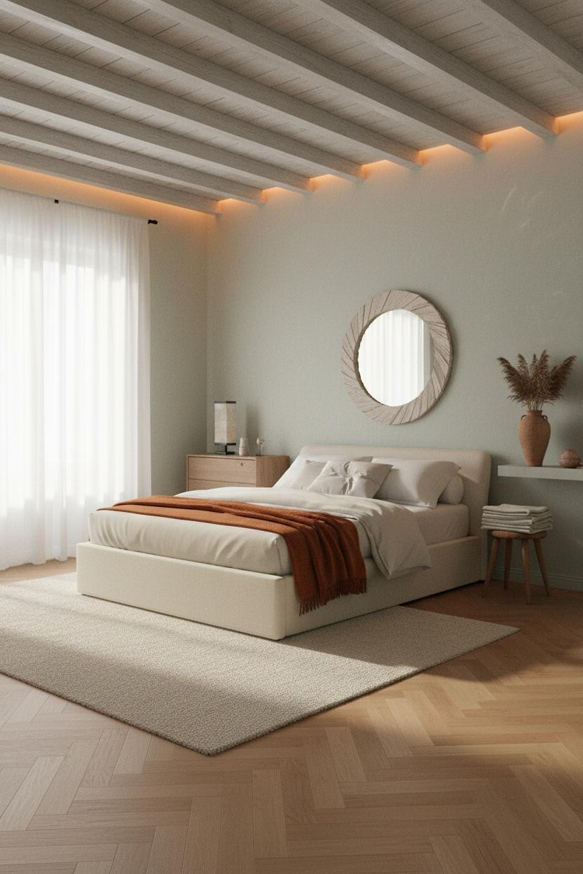 Coastal Grandma Bedroom Wood Beams Seafoam