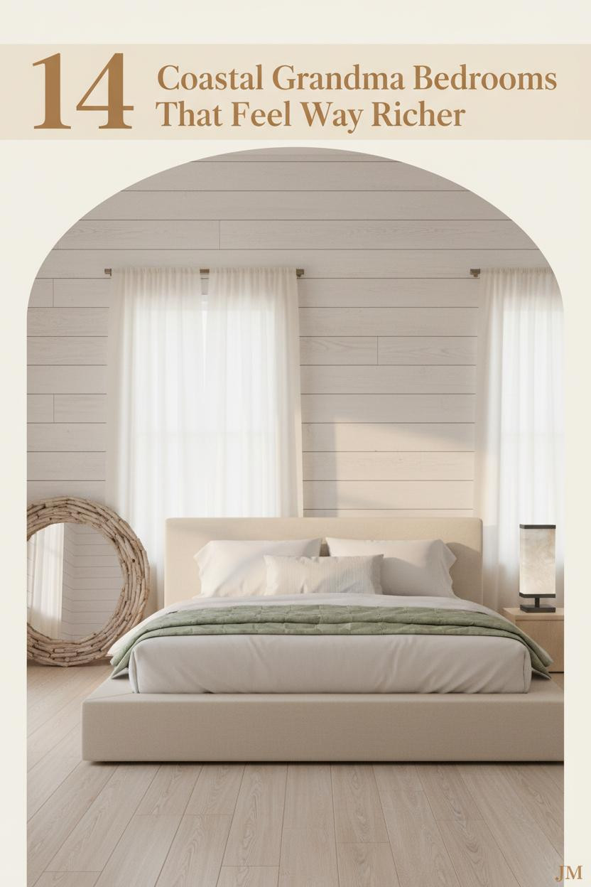 Coastal grandma bedroom with whitewashed shiplap walls, ivory linen bedding, sage quilted throw, driftwood mirror, and warm afternoon light