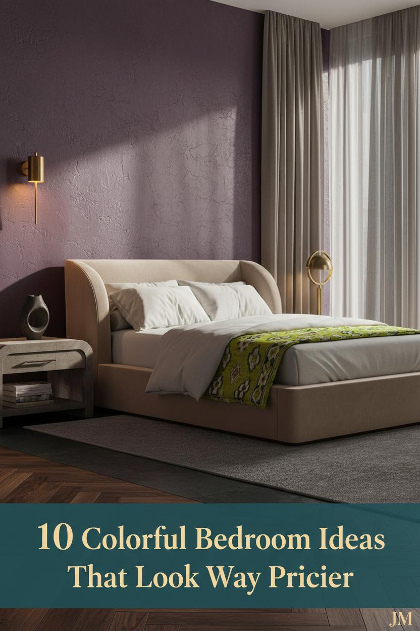 Colorful bedroom with deep amethyst plaster wall, walnut herringbone floor, ivory linen bedding, chartreuse textile runner, brass sconce lighting