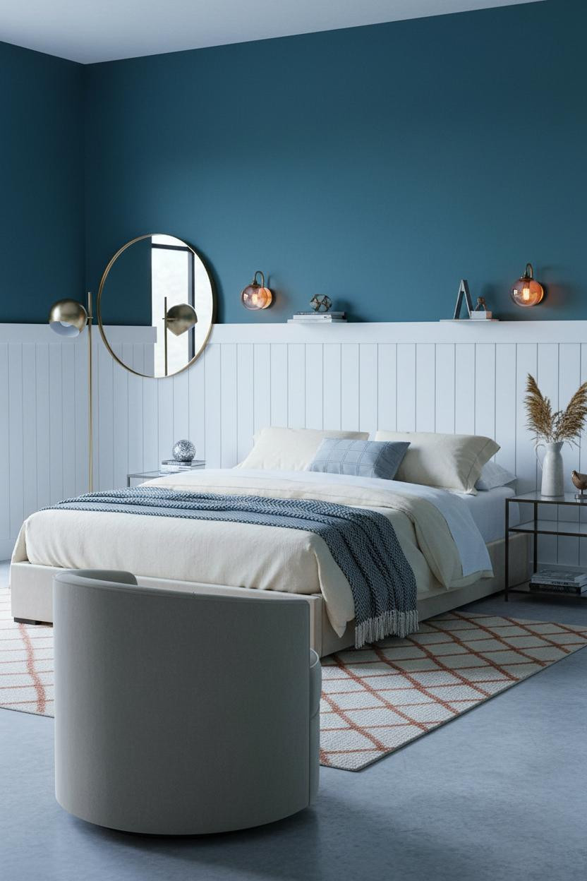 Colorful Bedroom Jewel Tones Teal Walls White Wainscoting Eclectic