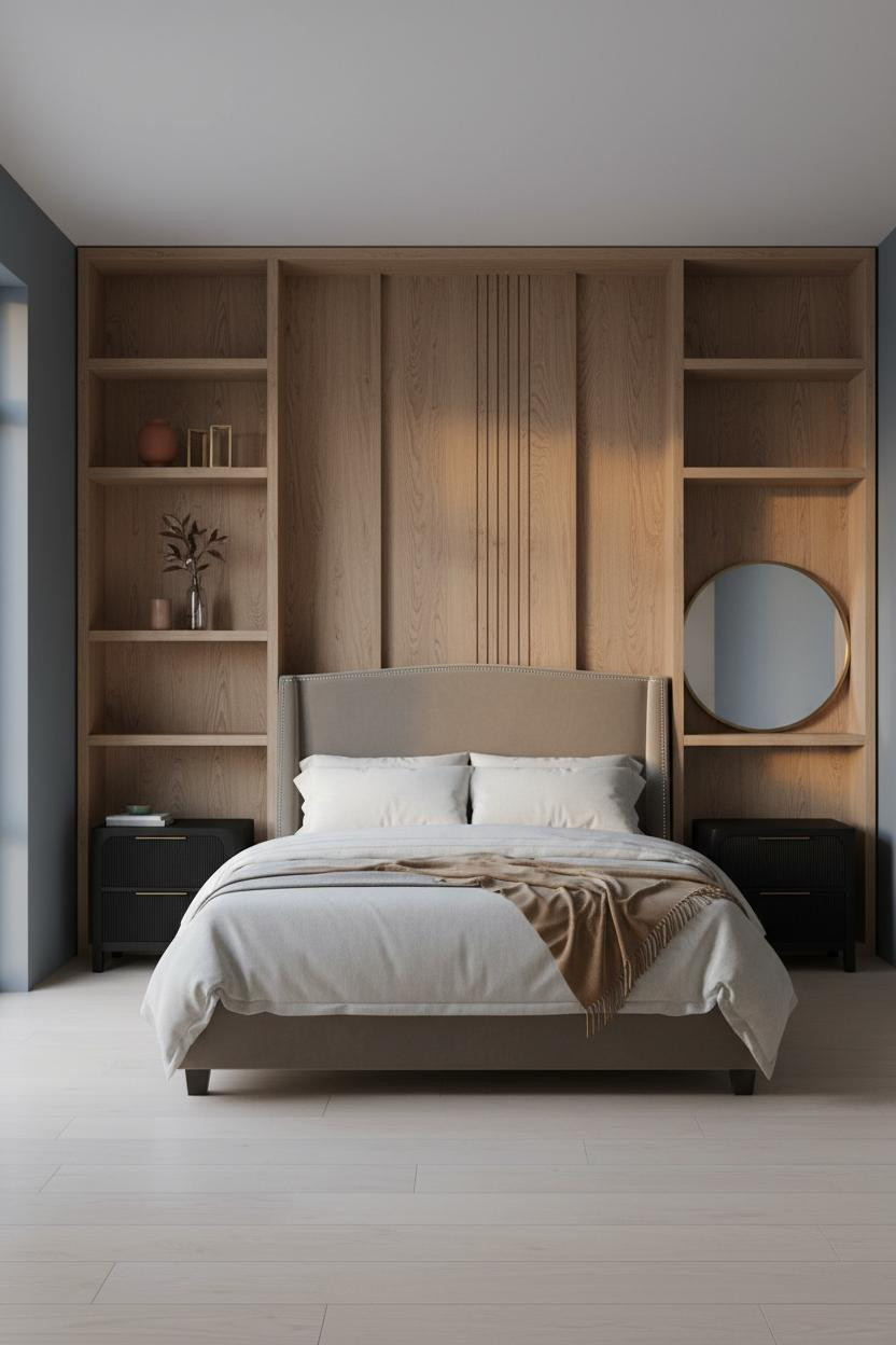 Contemporary Minimalist Bedroom Oak Shelving