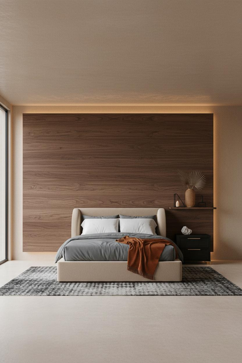 Contemporary Minimalist Bedroom Walnut Headwall