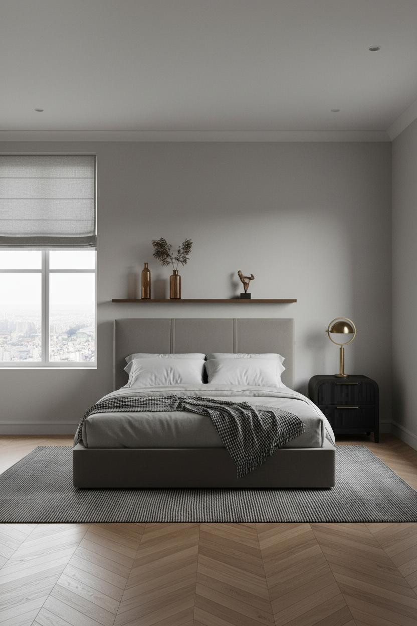 Contemporary Minimalist Bedroom Walnut Shelf