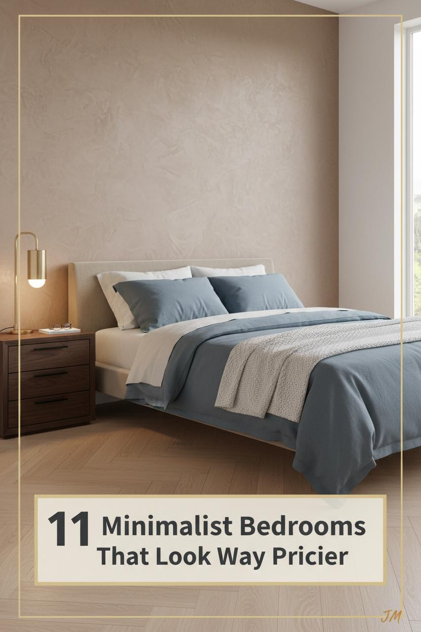 Minimalist bedroom with warm taupe plaster walls, pale oak herringbone floors, slate linen bedding, boucle throw, and brass sculptural lamp on walnut nightstand