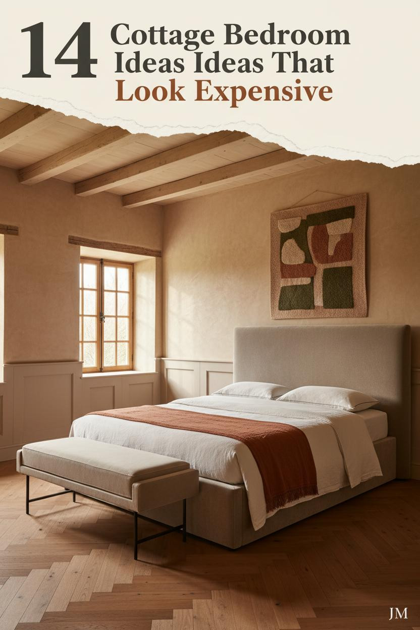 Provencal cottage bedroom with limewashed walls, oak ceiling beams, cream linen bedding, rust throw, and warm herringbone parquet floors