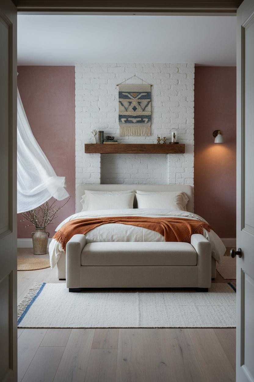 Cottage Bedroom Cosy Traditional Whitewashed Brick Chimney