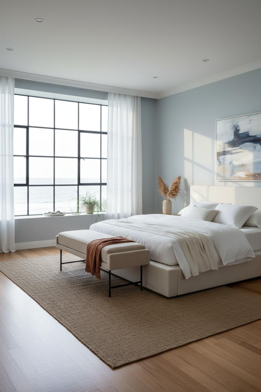 Cozy Coastal Bedroom Crittall Windows Neutral Linen