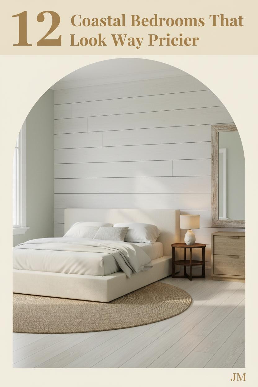 Coastal bedroom with whitewashed shiplap, ivory linen bedding, jute rug, driftwood mirror, pale birch floors, and cool morning window light