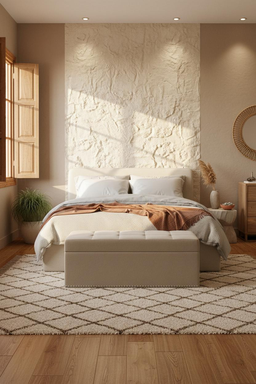 Cozy Coastal Bedroom Plaster Wall Rattan Mirror