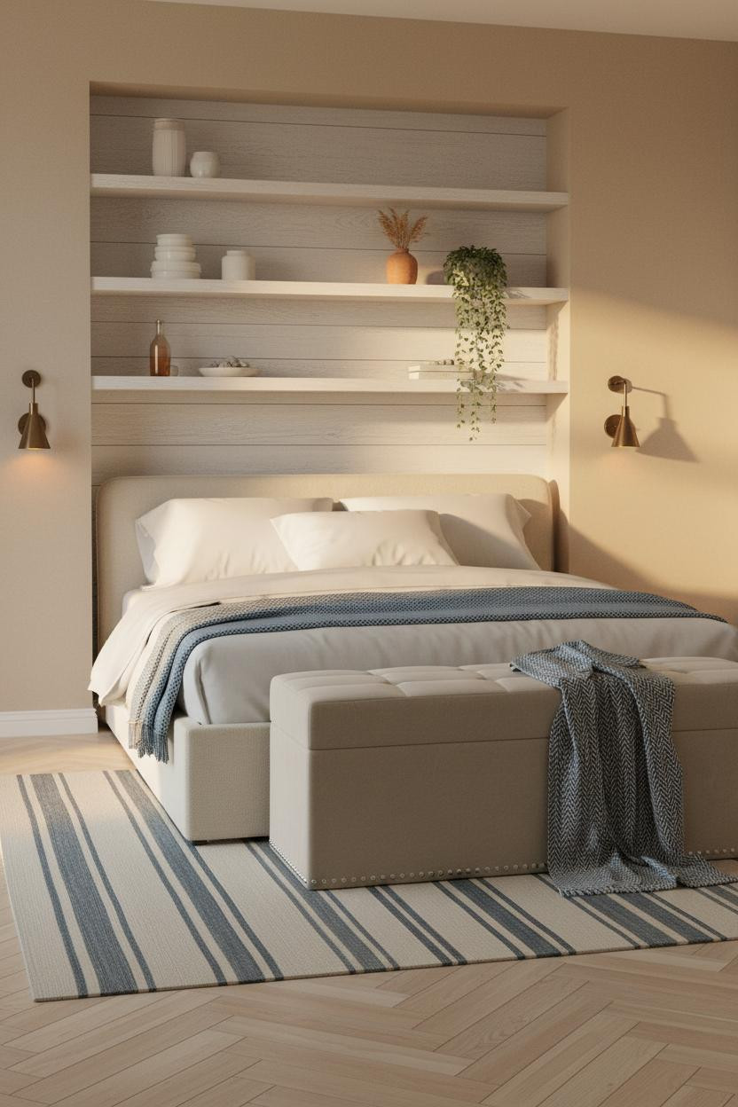Cozy Coastal Bedroom Whitewashed Shelving Alcove