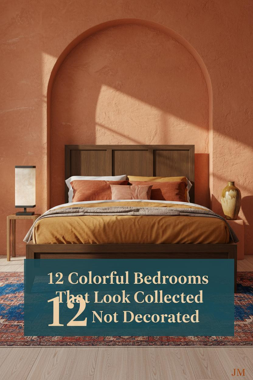 Cozy colorful bedroom with terracotta limewash accent wall, cobalt and rust vintage rug, ochre linen pillows, and warm incandescent lighting
