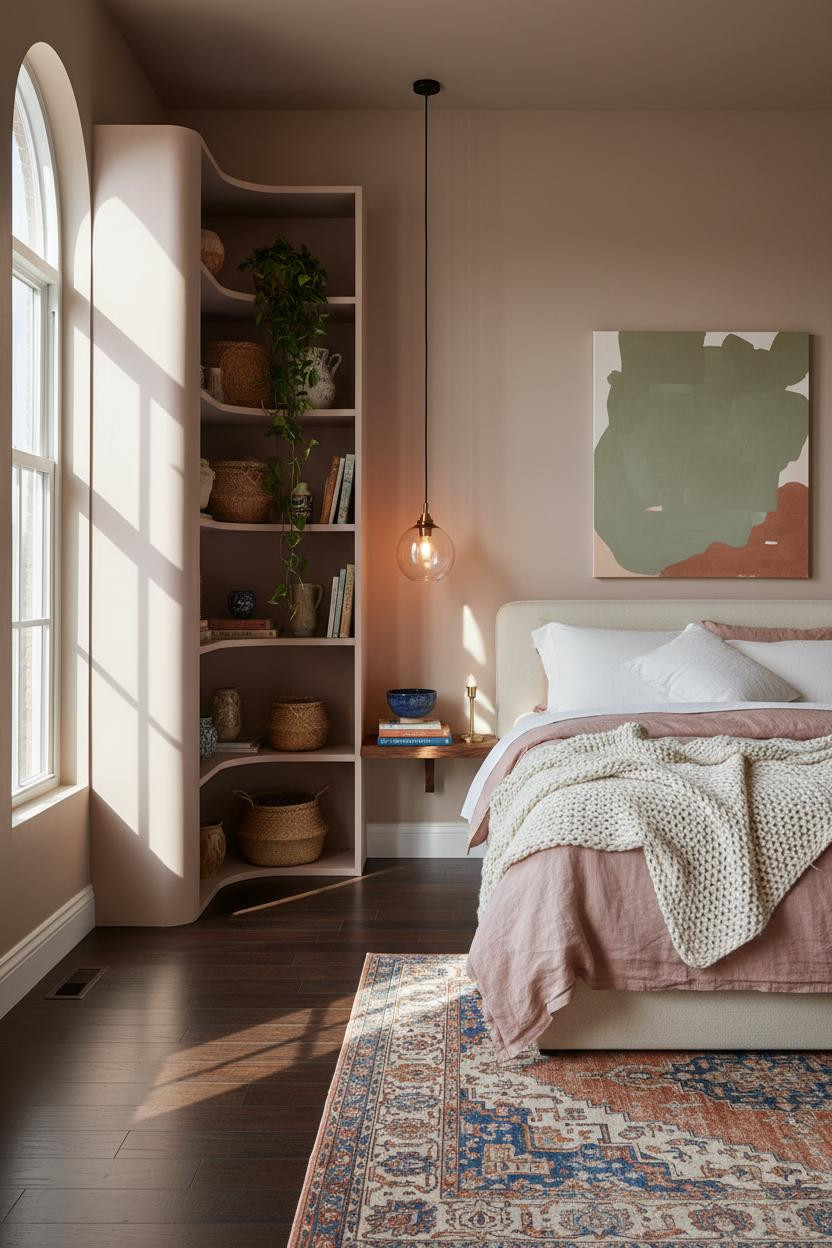 Cozy Colorful Bedroom Maximalist Shelving Design