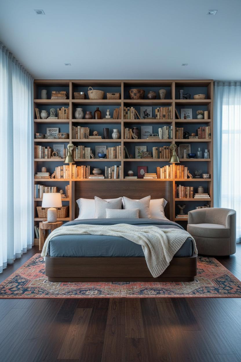 Cozy Colorful Bedroom Maximalist Built In Shelving Eclectic Design