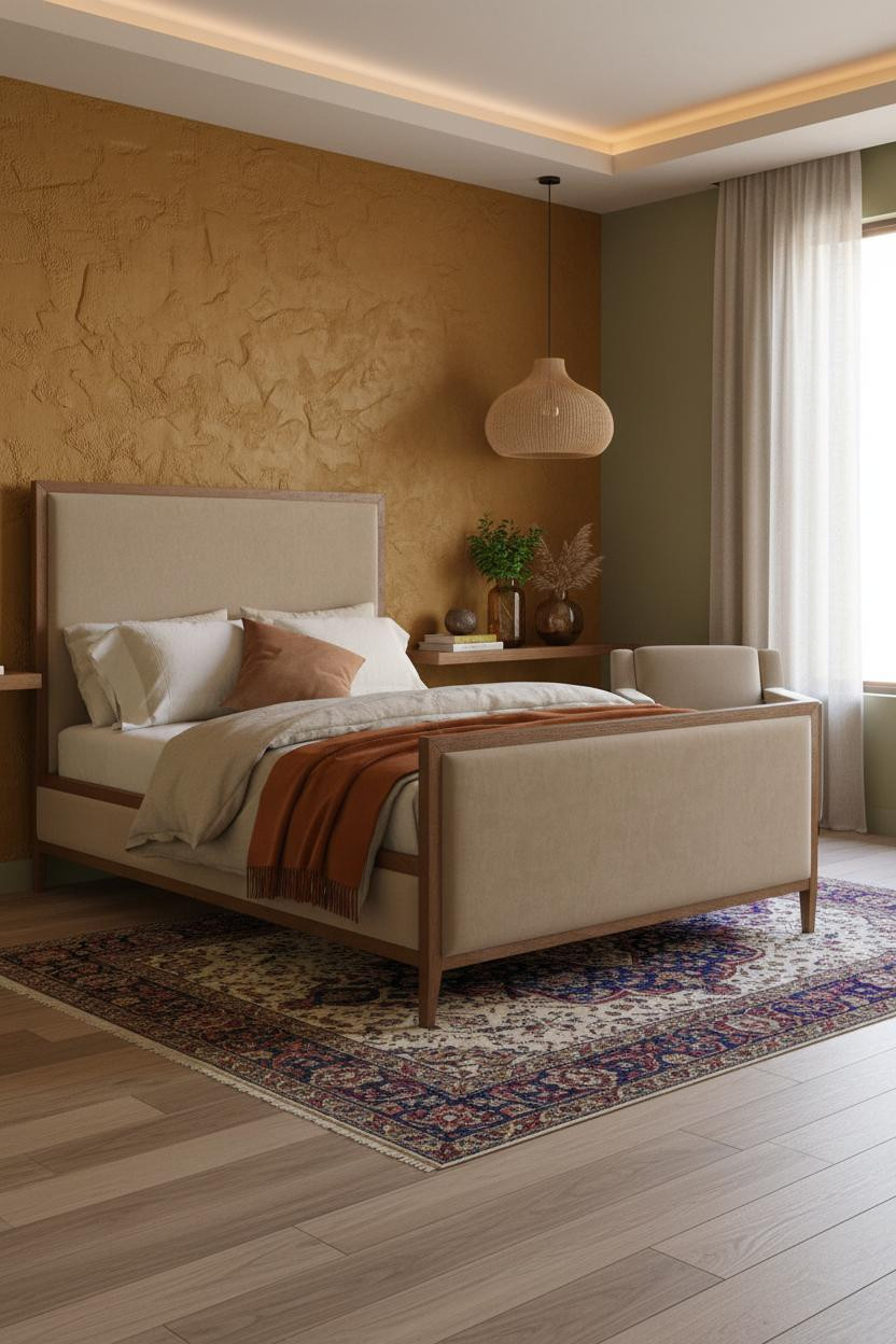 Cozy Colorful Bedroom Warm Ochre Accent Wall Maximalist