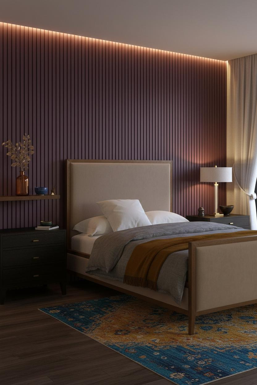 Cozy Colorful Bedroom Deep Plum Slatted Accent Wall