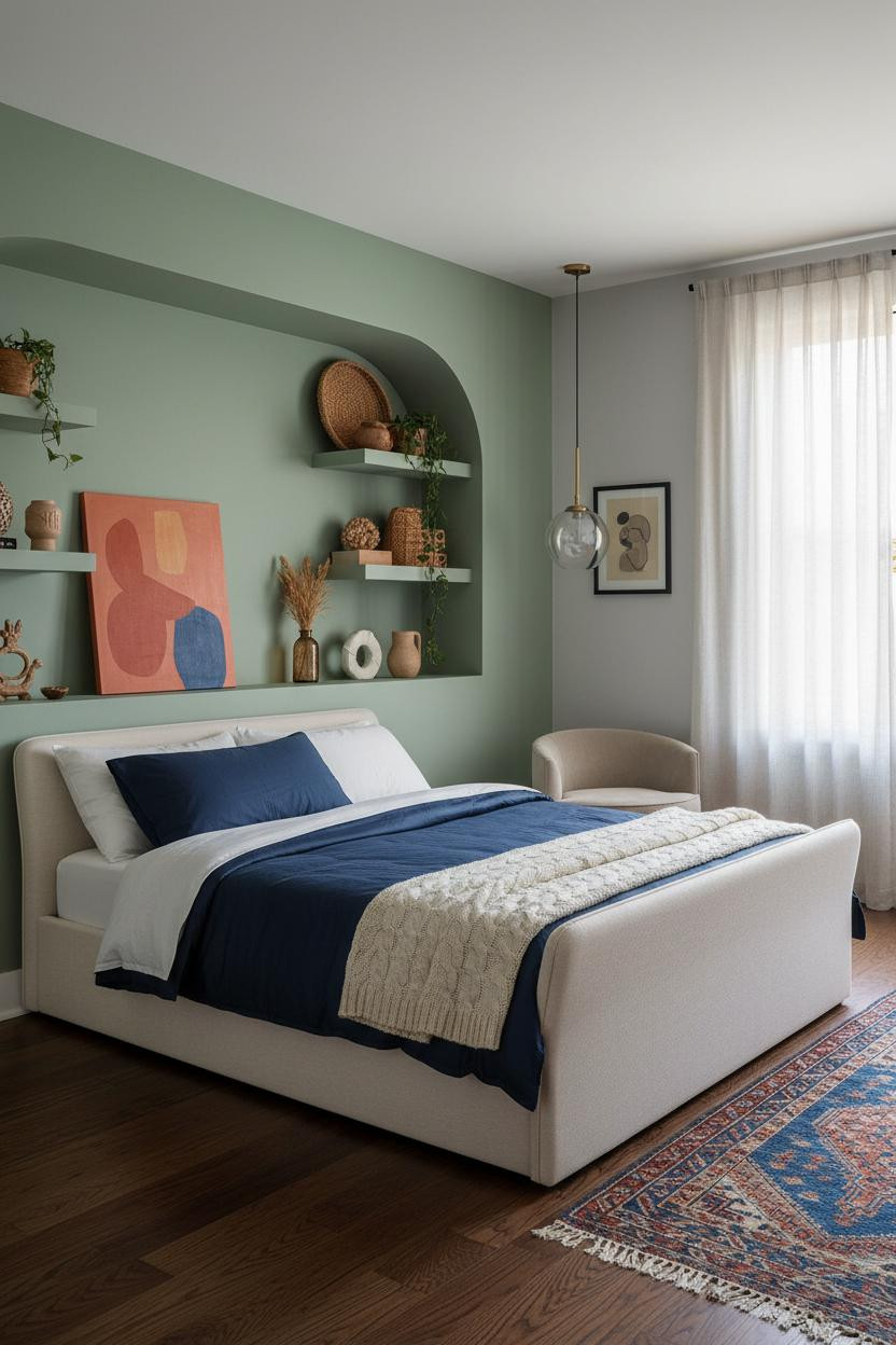Cozy Colorful Bedroom Sage Green Alcove Eclectic Design