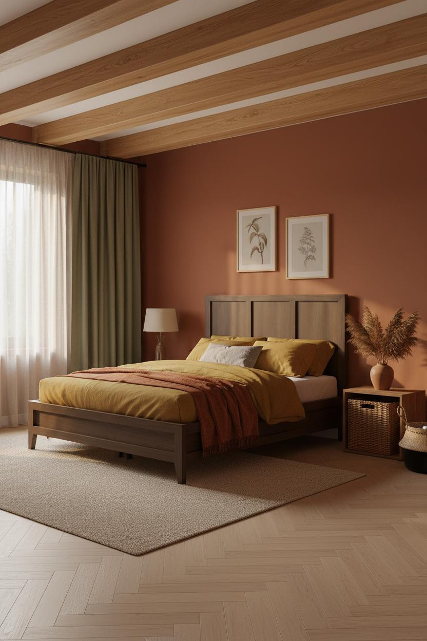 Cozy Colorful Bedroom Warm Terracotta Walls Sage Green Curtains Boho