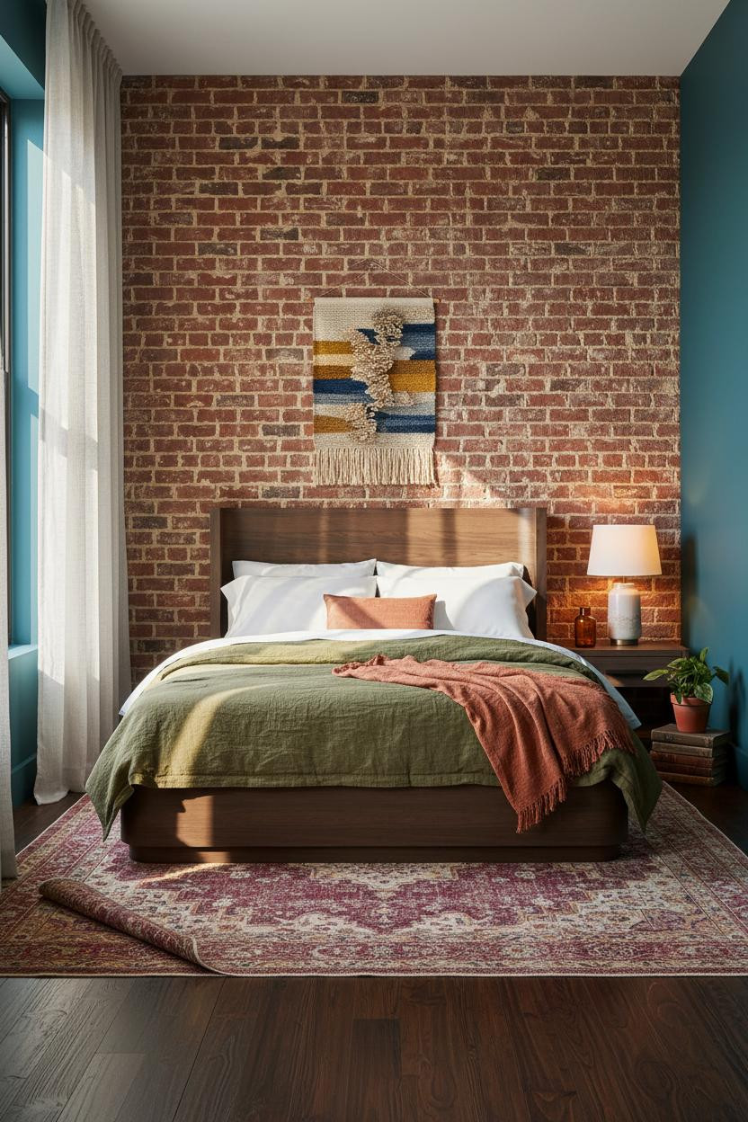 Cozy Eclectic Bedroom Vintage Brick Teal