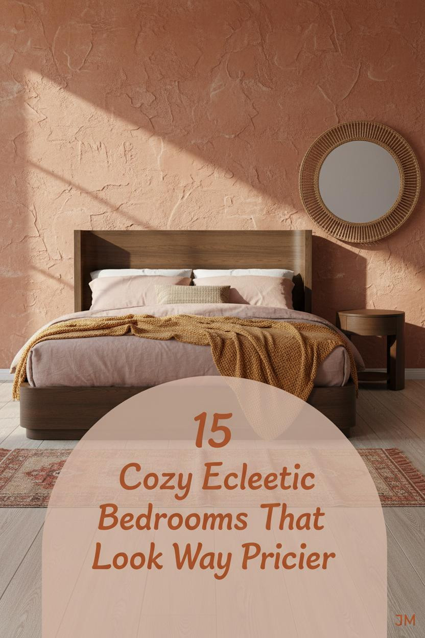 Warm eclectic bedroom with terracotta plaster walls, bleached oak floors, kilim runner, dusty blush linen bedding, and rattan mirror accents