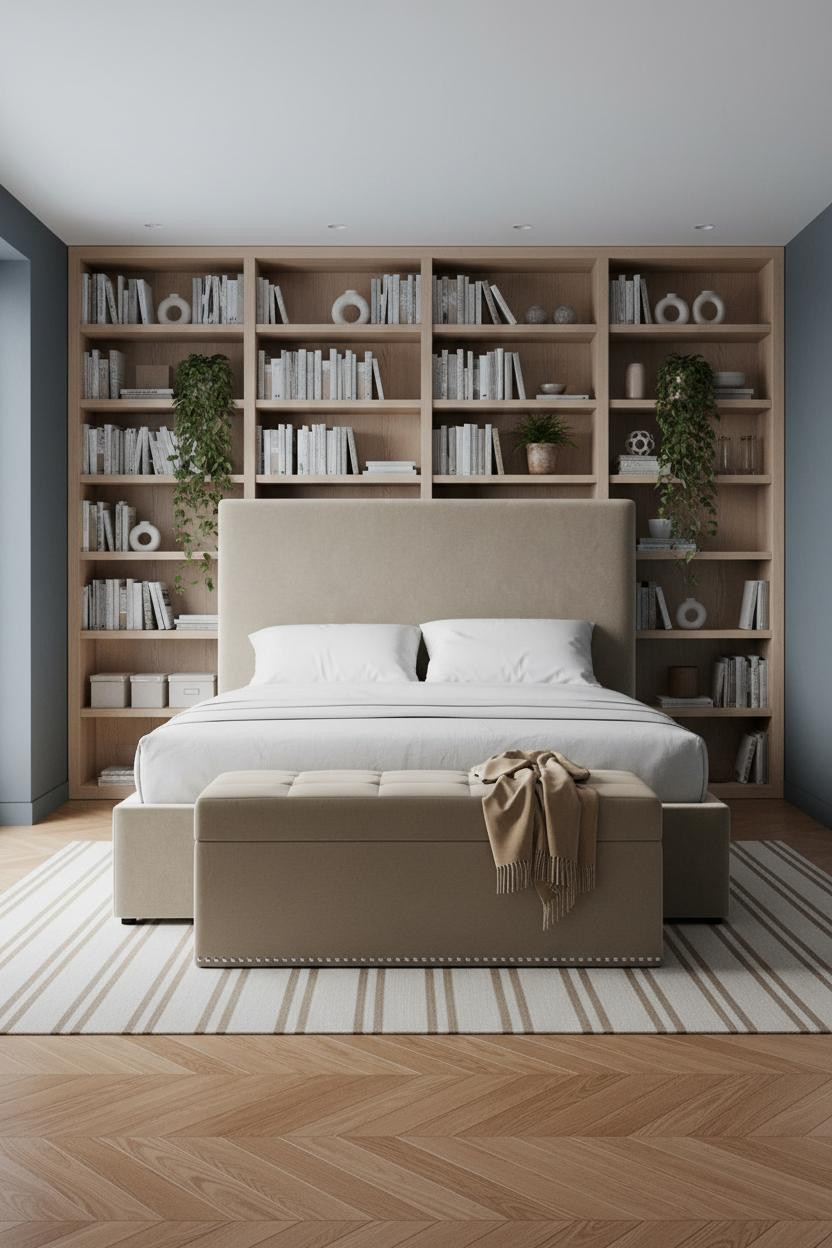 Cozy Elegant Bedroom Built In Shelves
