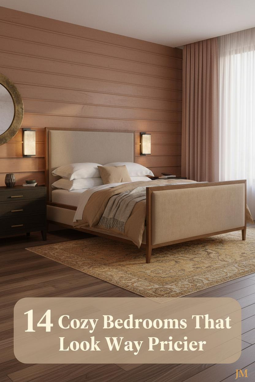 Cozy elegant bedroom with warm clay plaster wall, walnut floors, dusty rose linen curtains, layered ivory and camel bedding, brass mirror accent