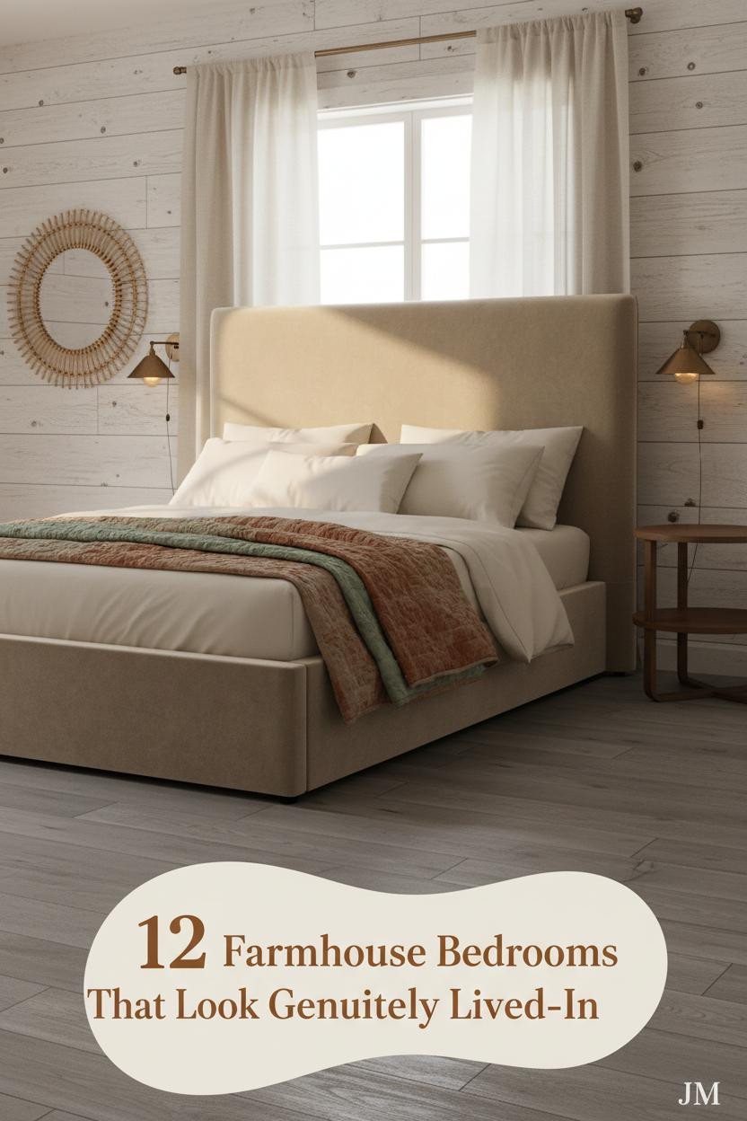 Farmhouse bedroom with whitewashed shiplap wall, cream percale bedding, sage-rust quilted throw, rattan mirror, and warm morning light