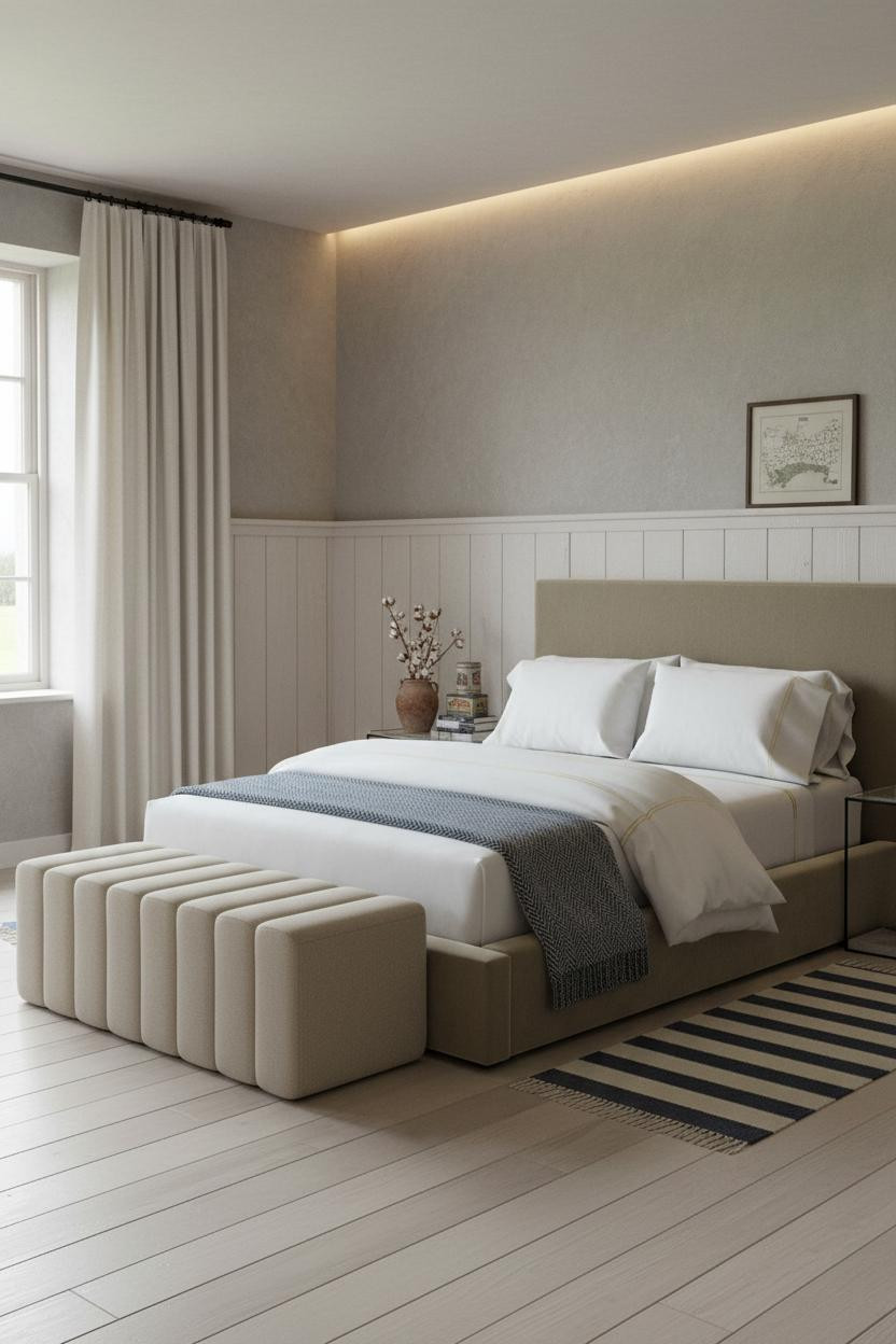 Cozy Farmhouse Bedroom Wainscoting Linen Curtains