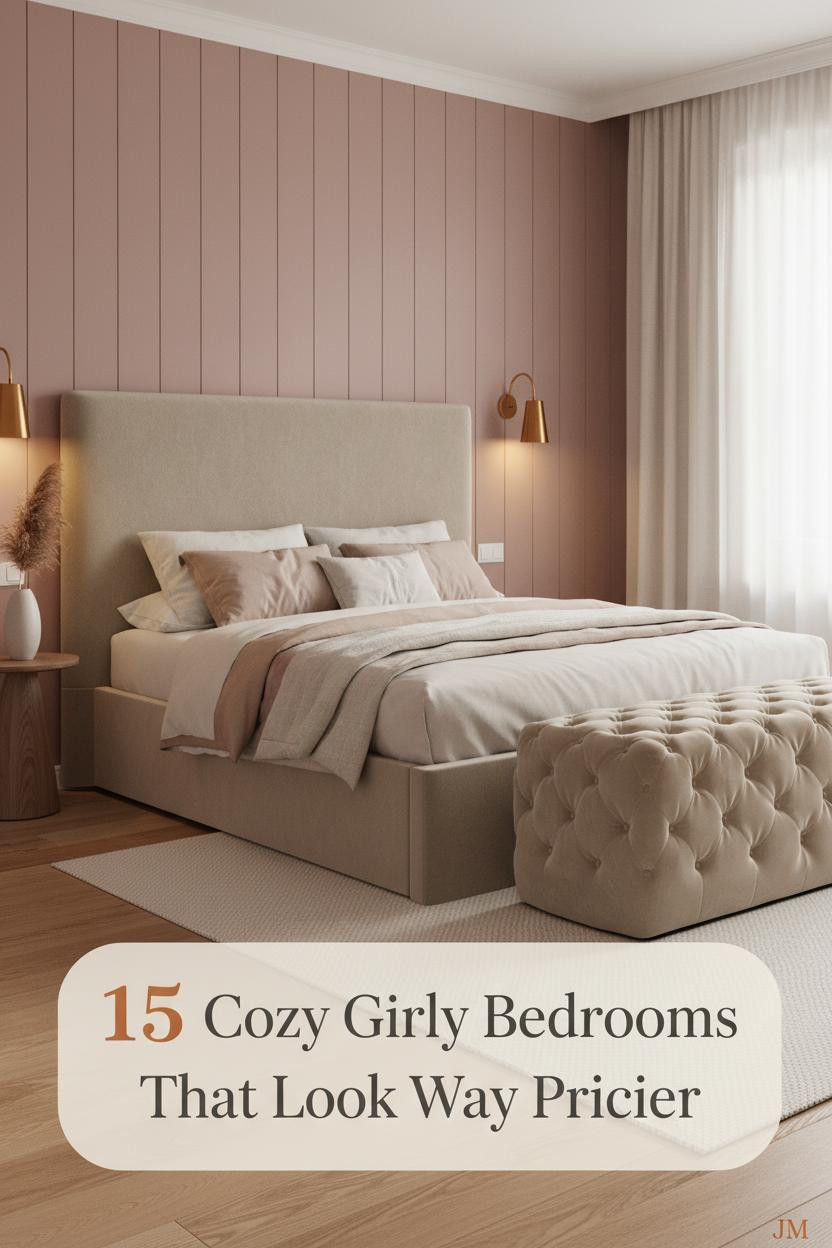 Girly adult bedroom with dusty rose board-and-batten wall, cream linen bedding, warm sconce lighting, and dried pampas stem in ceramic vase