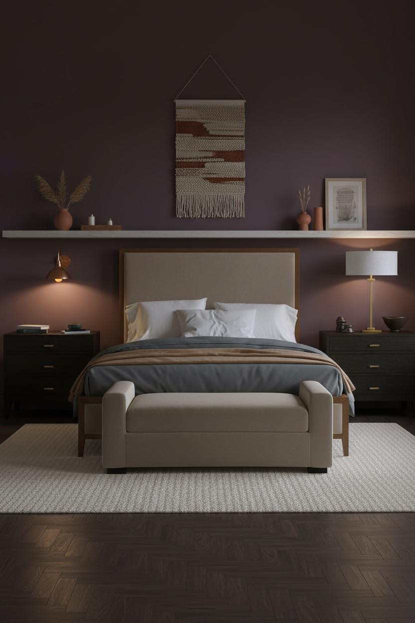 Cozy Girly Bedroom Plum Walls Sconces Shelf