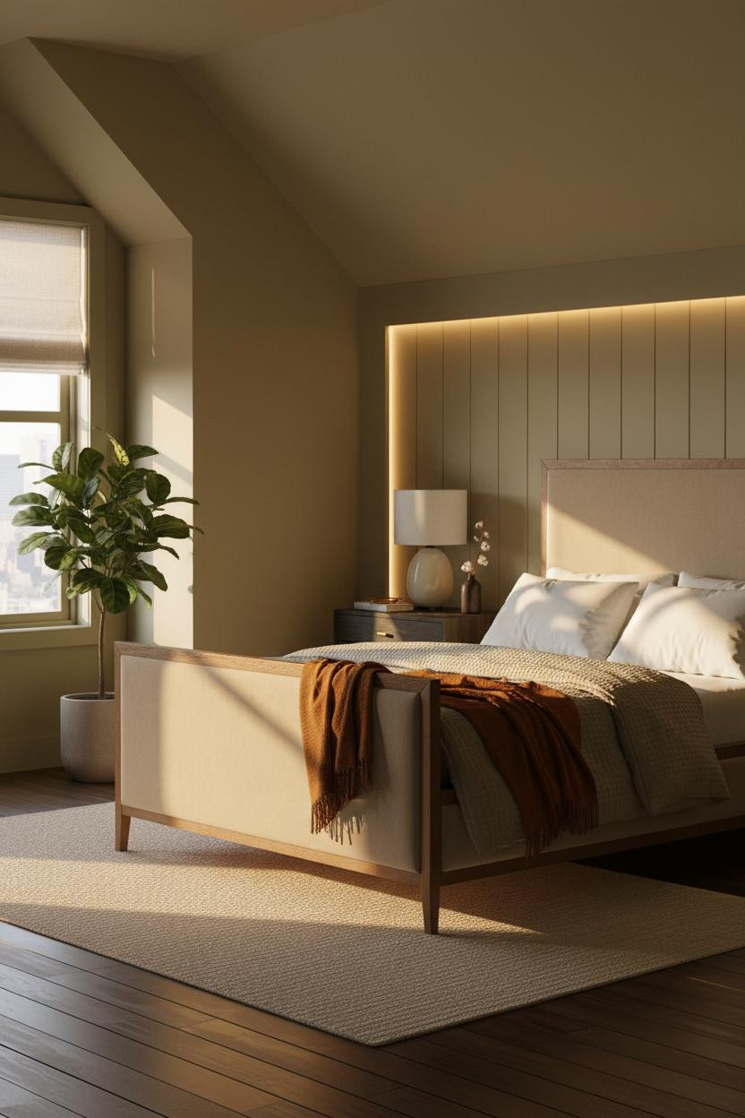 Cozy Green Bedroom Attic Japandi Warm Light