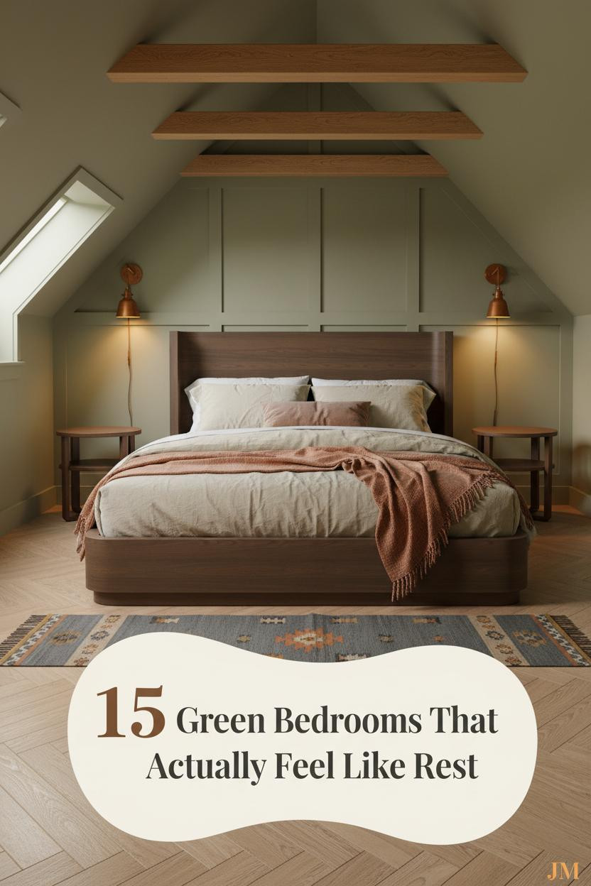 Cozy attic bedroom with sage-olive board-and-batten walls, honey timber beams, oatmeal bedding, rust linen throw, and warm amber sconce lighting
