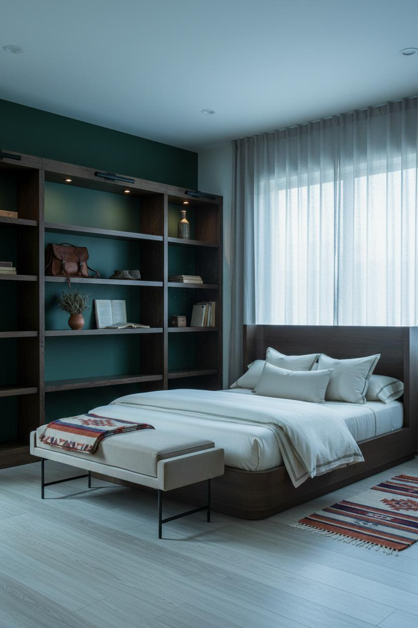 Cozy Western Bedroom Dark Wood Shelving