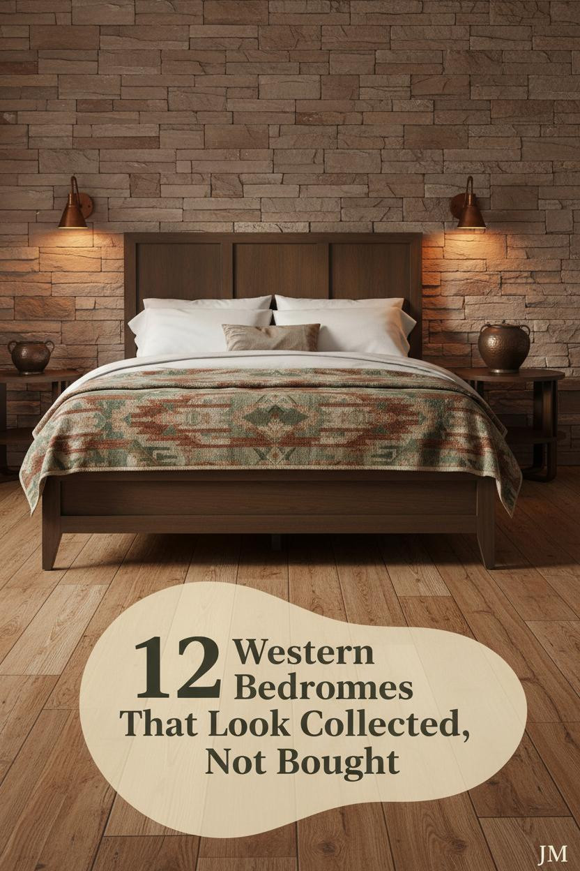 Western bedroom with stacked sandstone accent wall, reclaimed oak floors, ivory bedding, rust and sage Navajo throw, and warm tungsten sconce lighting