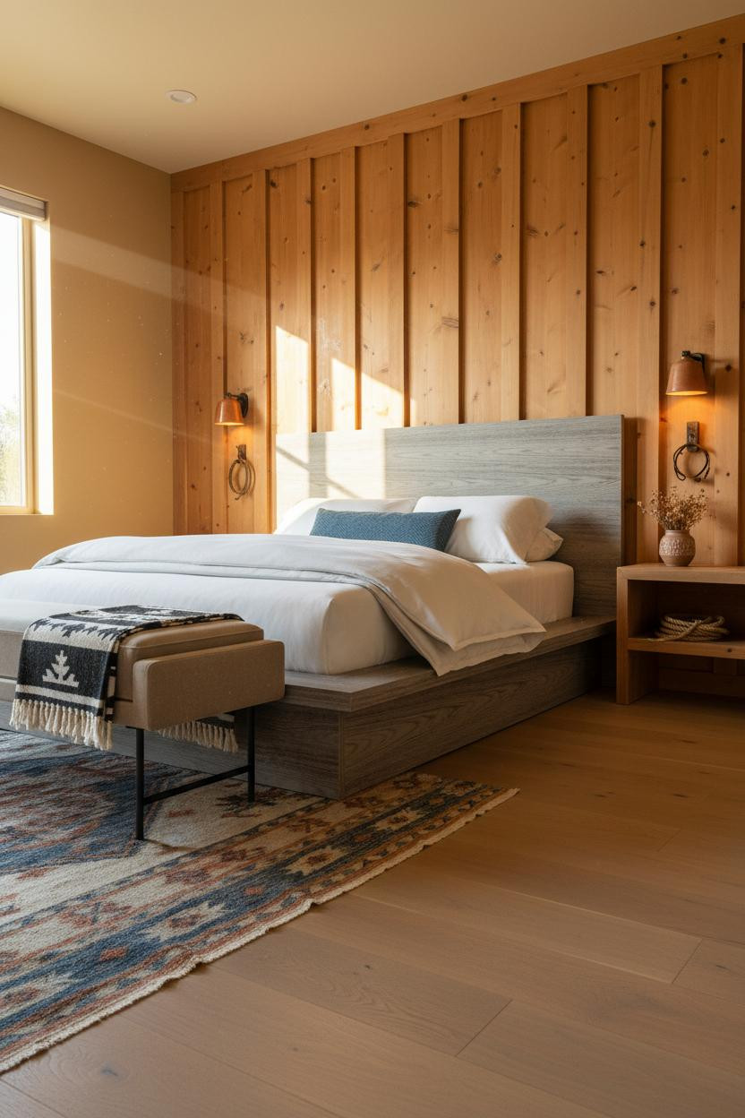 Cozy Western Bedroom Pine Paneling