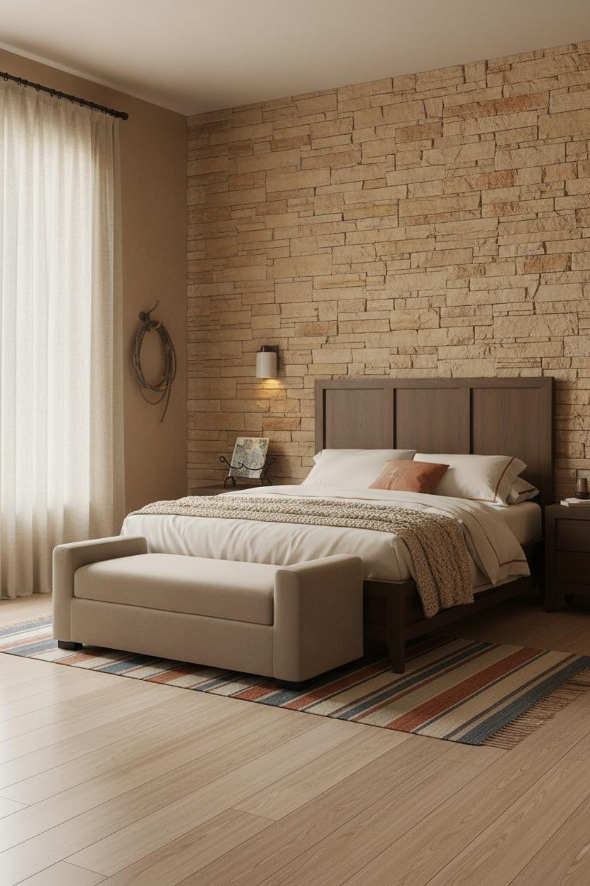 Cozy Western Bedroom Sandstone Accent Wall