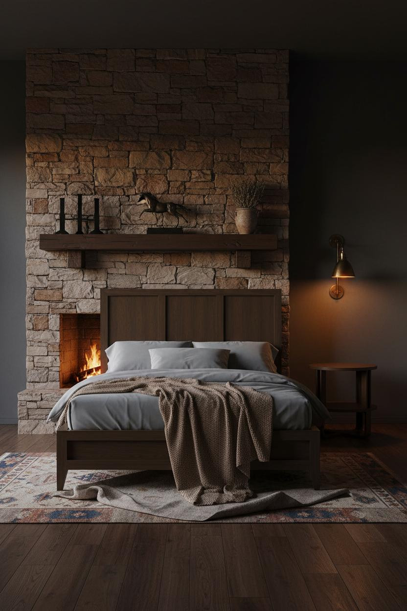 Cozy Western Bedroom Stone Fireplace