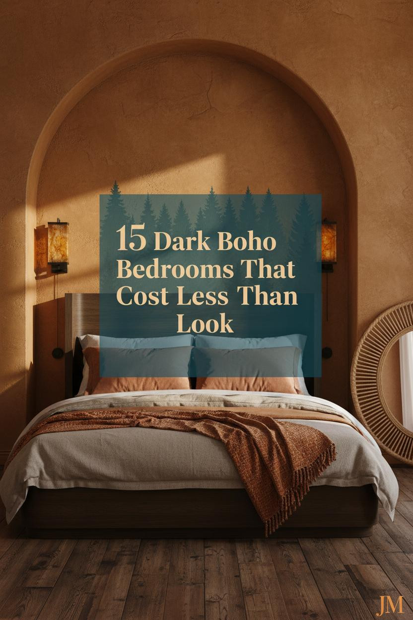 Dark boho bedroom with deep ochre tadelakt plaster arch, amber sconce lighting, reclaimed timber floors, and layered dusty linen bedding in warm earthy tones