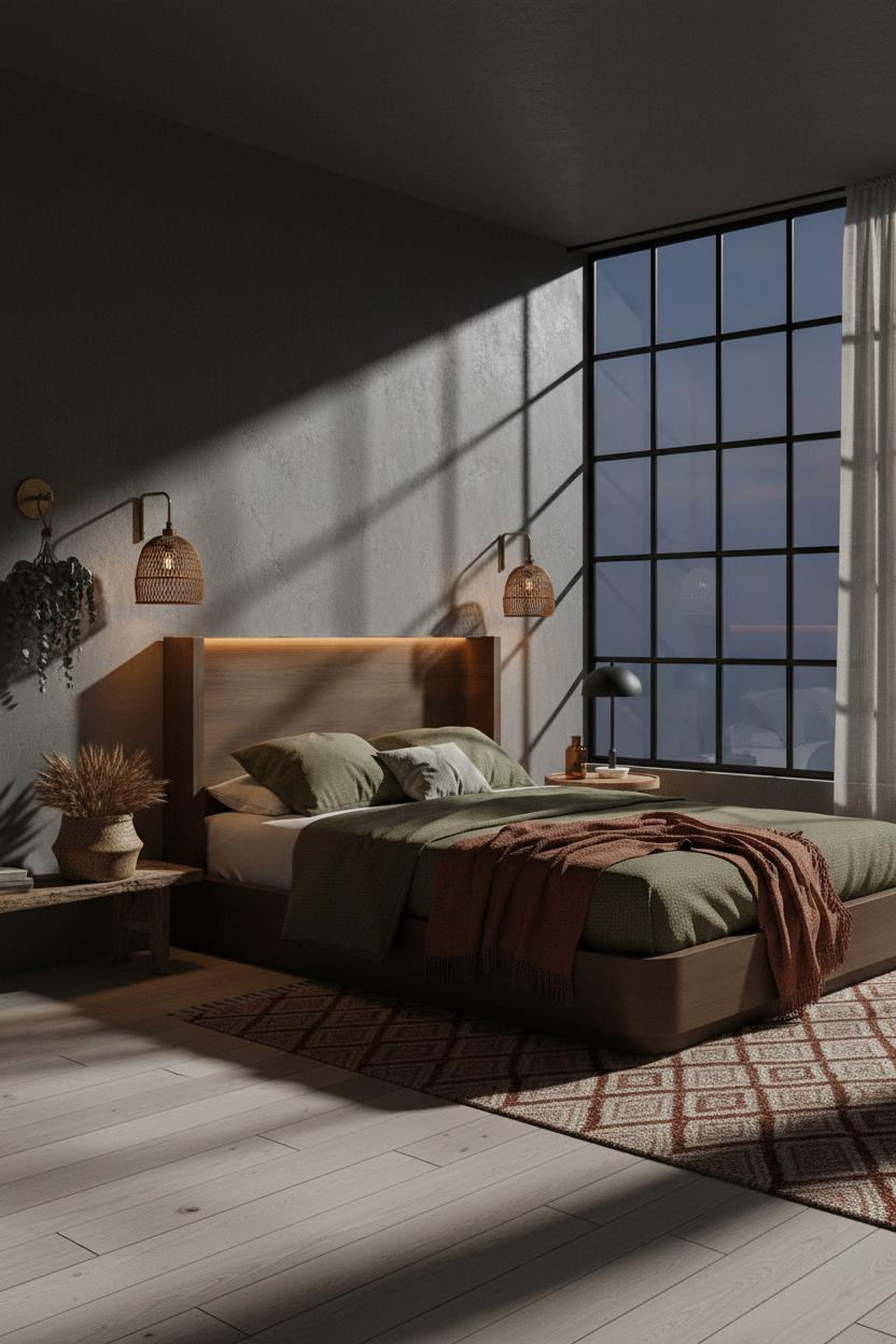 Dark Boho Bedroom Indigo Rattan Lighting