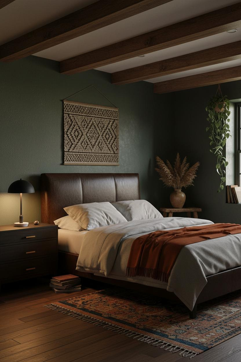 Dark Boho Bedroom Moody Green Walls