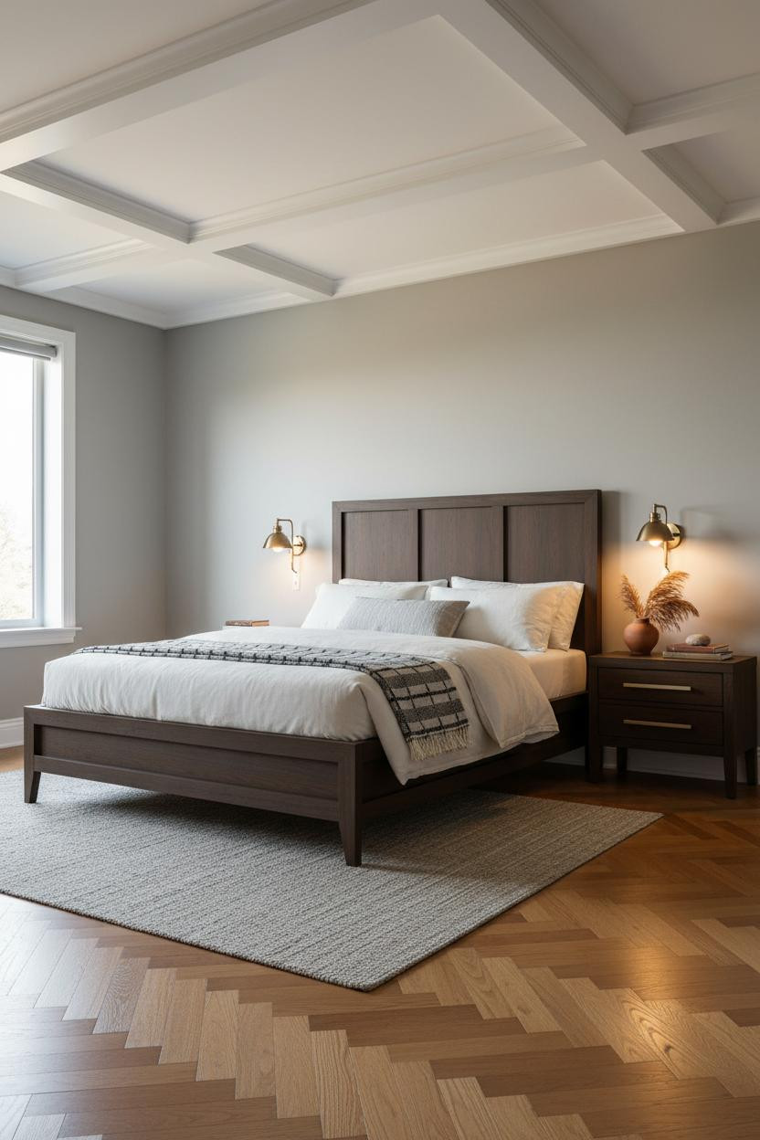 Dark Brown Bed Frame Bedroom Coffered Ceiling
