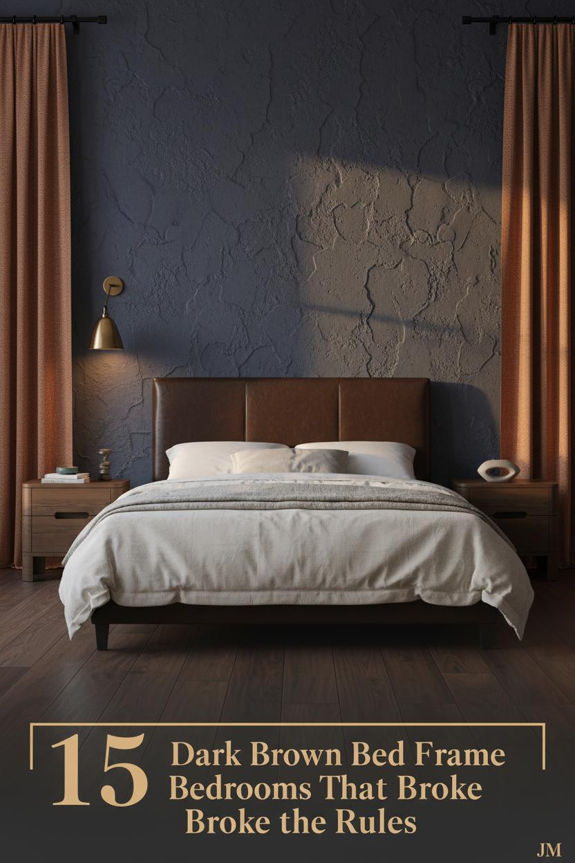Espresso leather bed frame against deep indigo plaster wall, ivory boucle bedding, rust linen curtains, dark walnut floors, brass sconce lighting