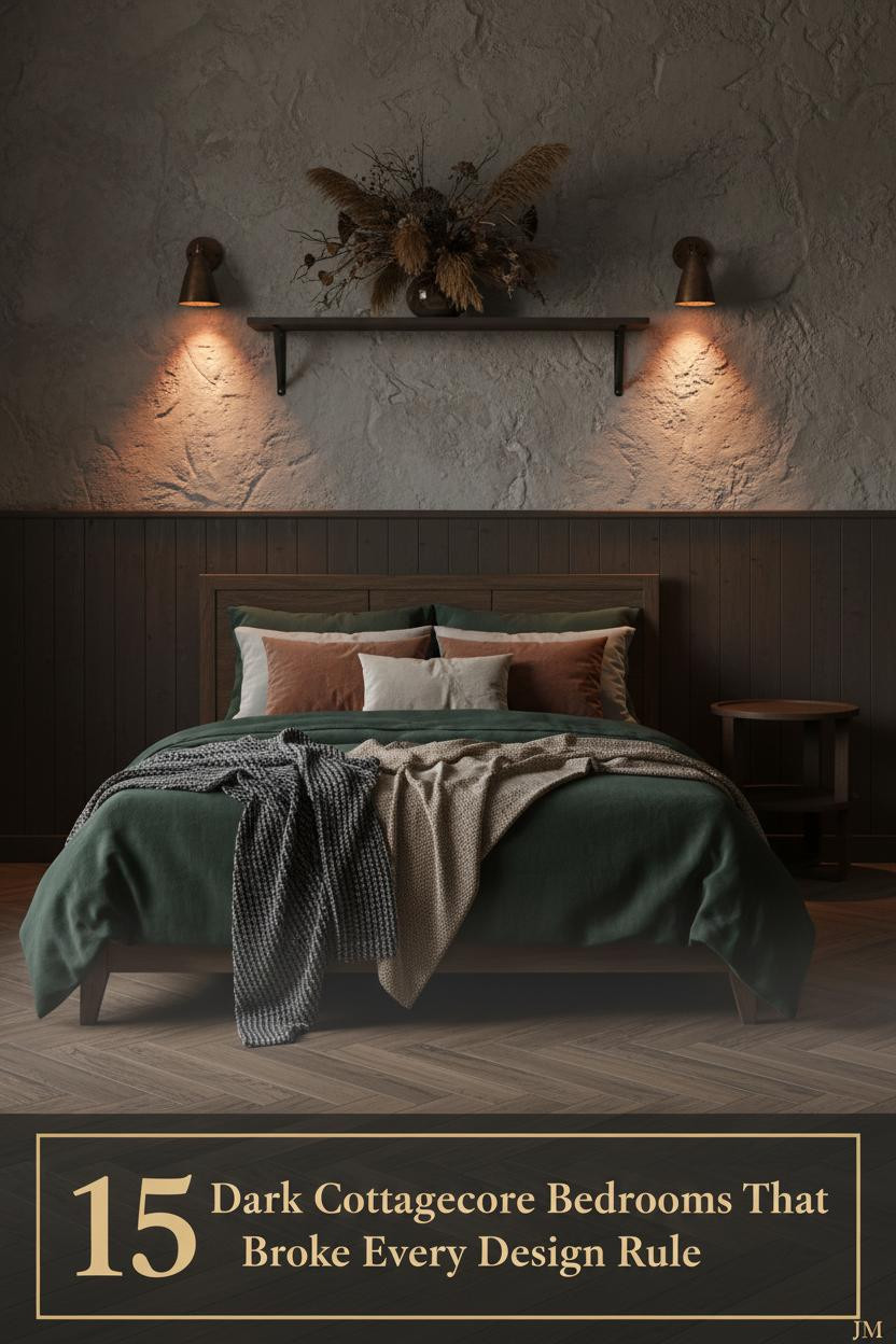 Dark cottagecore bedroom with forest green linen bedding, dark timber wainscoting, amber iron sconces, herringbone oak floors, and dried botanicals