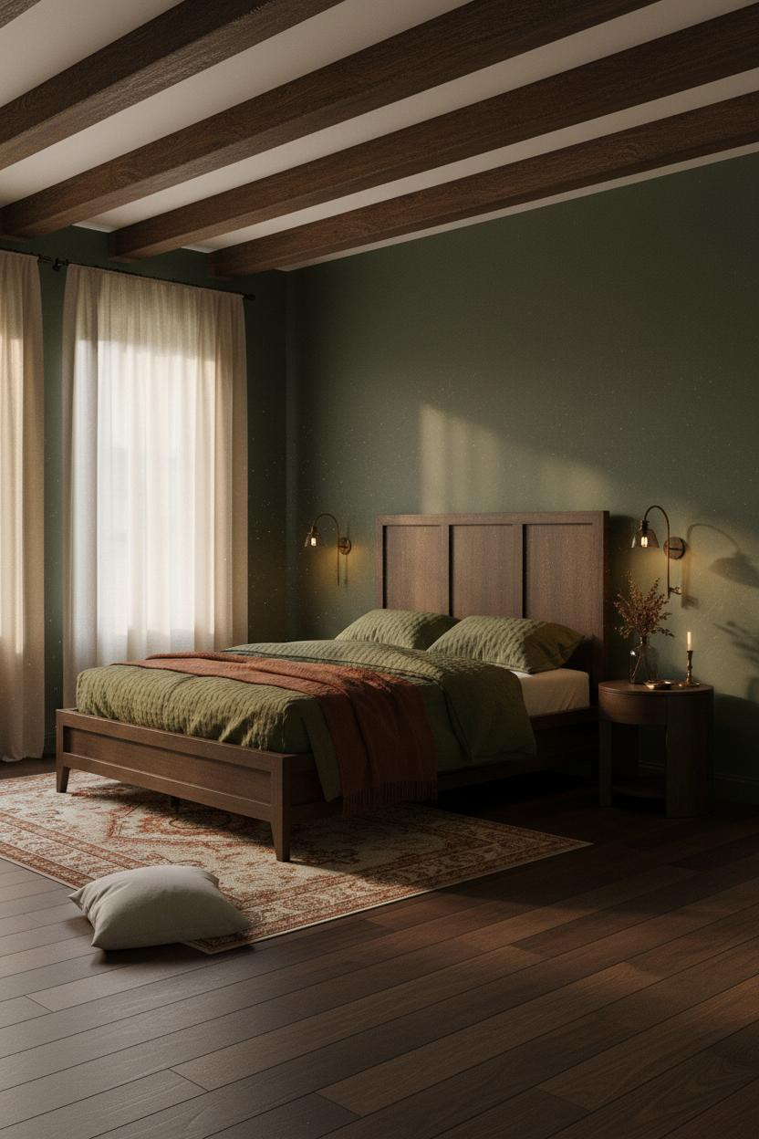 Dark Cottagecore Bedroom Forest Green Timber