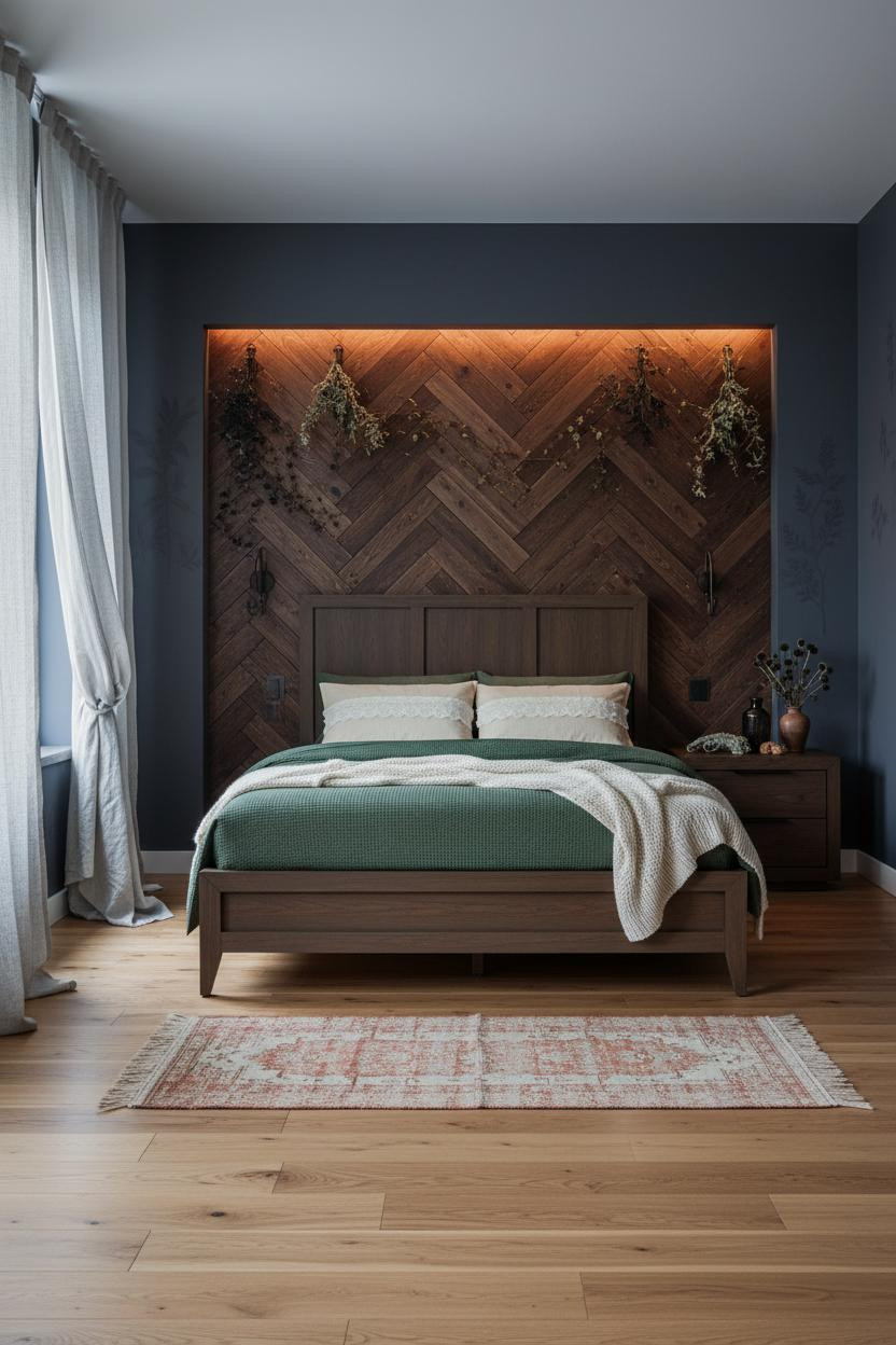Dark Cottagecore Bedroom Herringbone Walnut Forestcore