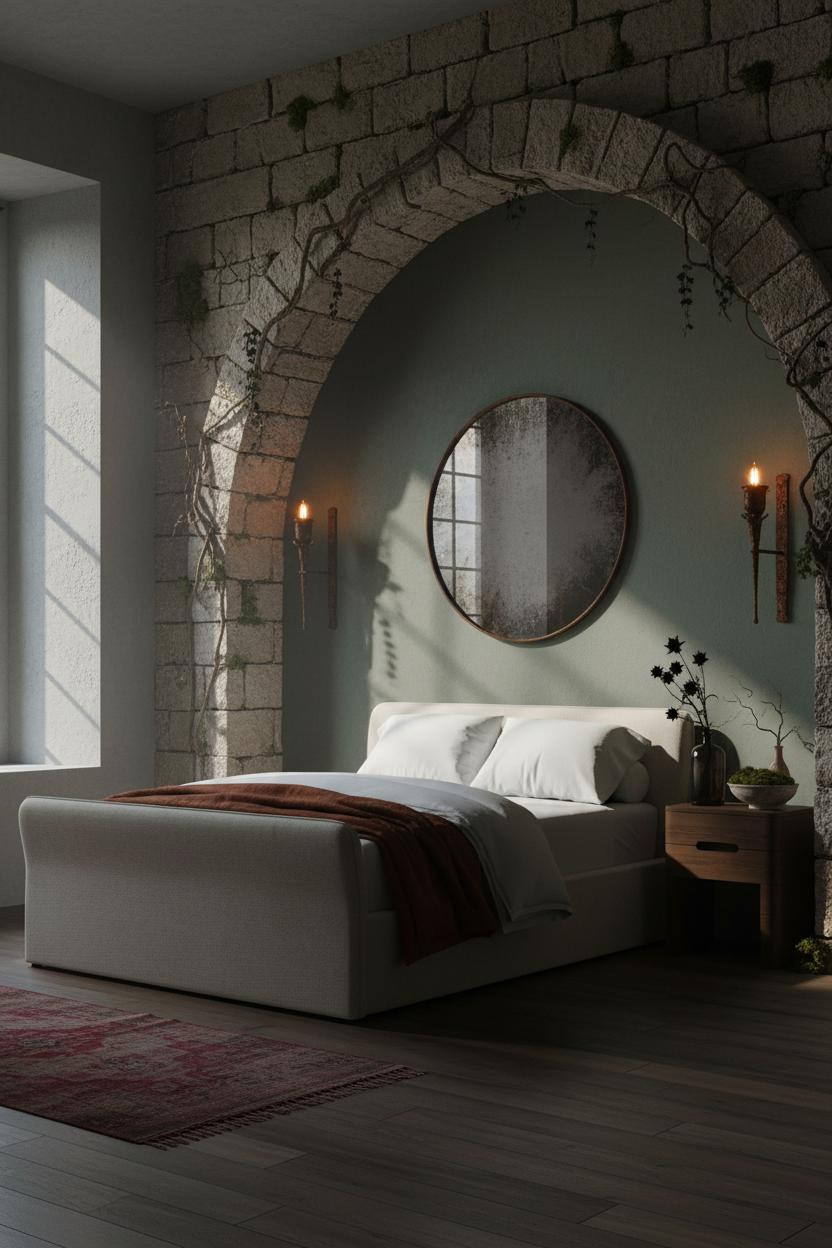 Dark Cottagecore Bedroom Stone Archway