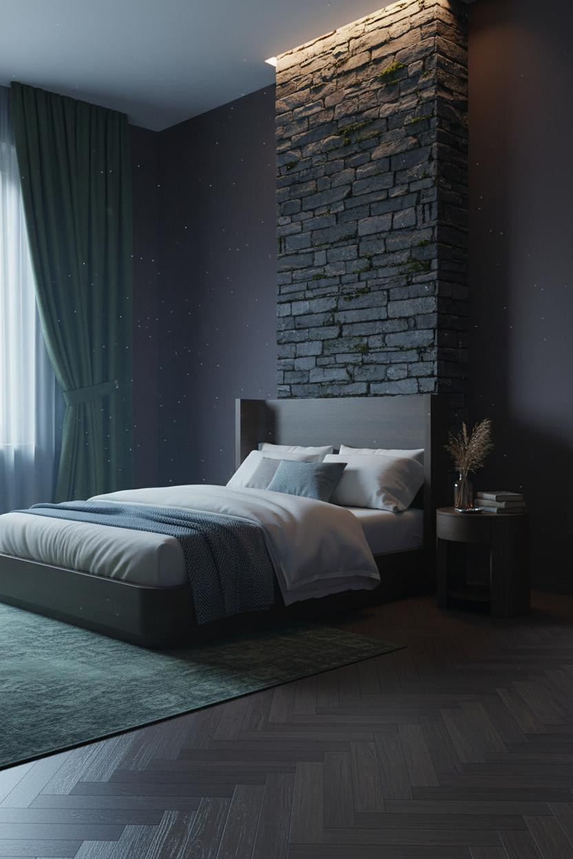 Dark Cottagecore Bedroom Stone Fireplace